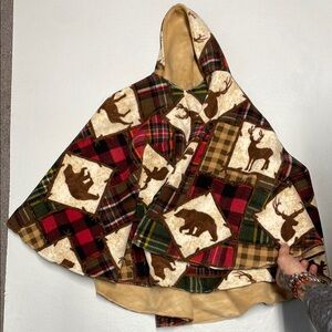 Animal + Red & Green Fleece Hooded Poncho/Cape